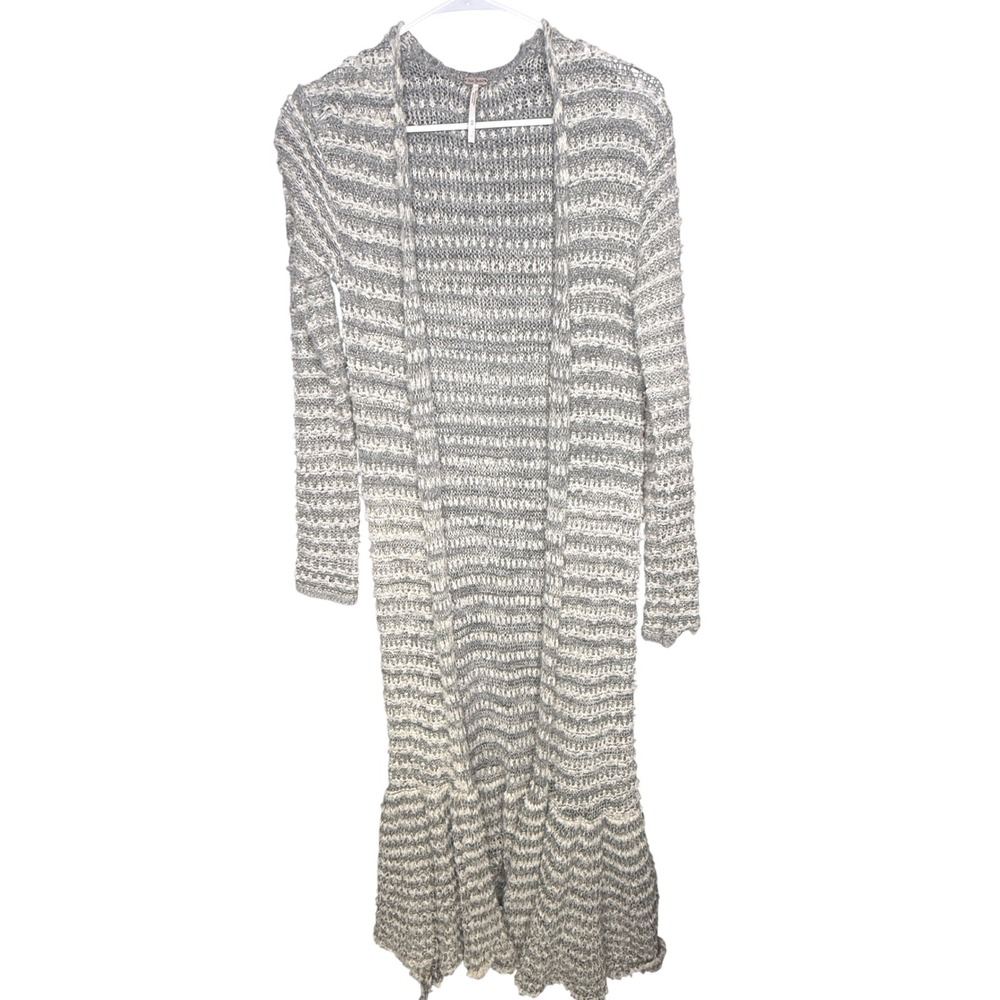 Free People Smile Like You Mean It Duster Cardigan Gray Knit Ruffle Hem XS